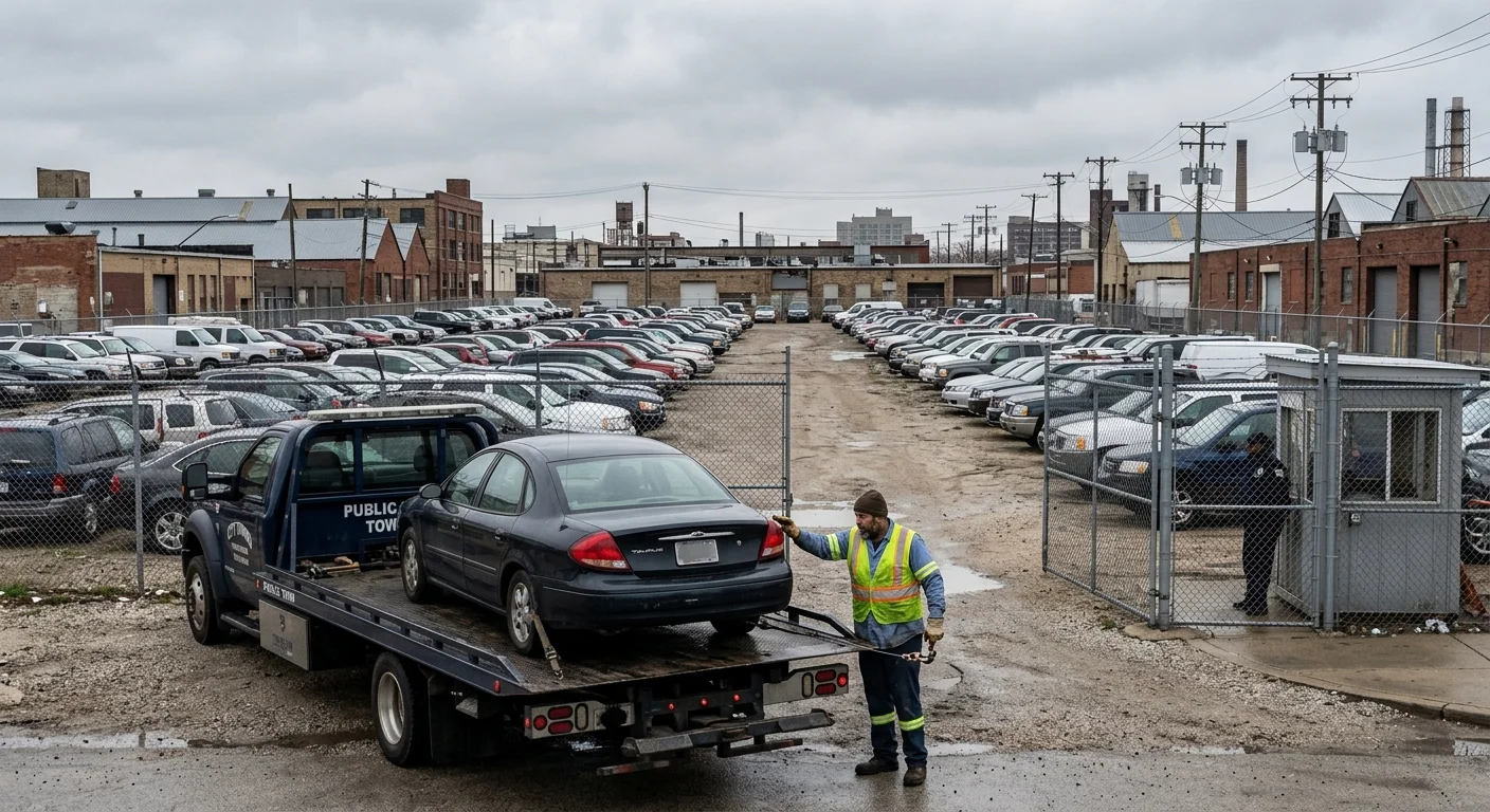 Cars inside a fenced municipal auto pound on Chicago's South Side
