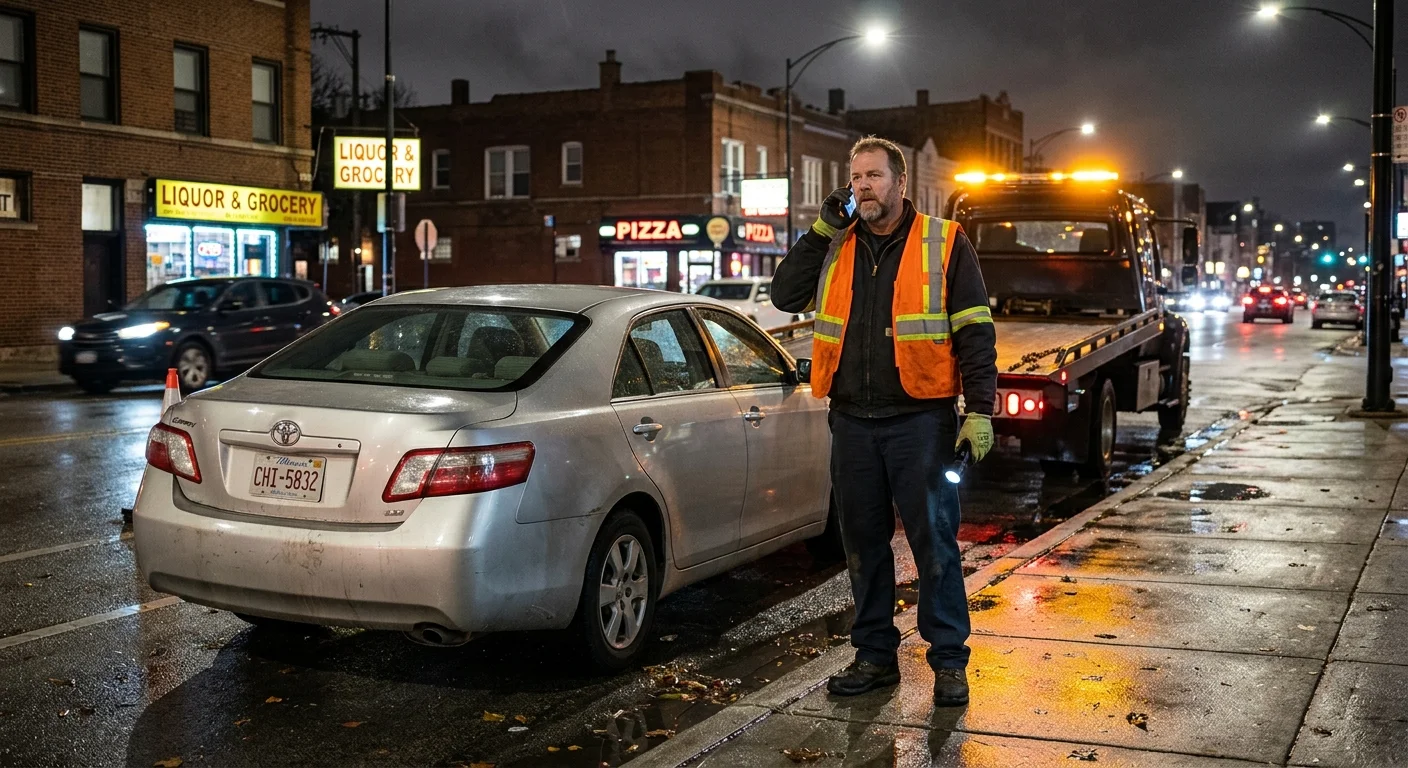 A flatbed tow operator speaking by phone beside a disabled sedan on a wet Chicago street at night