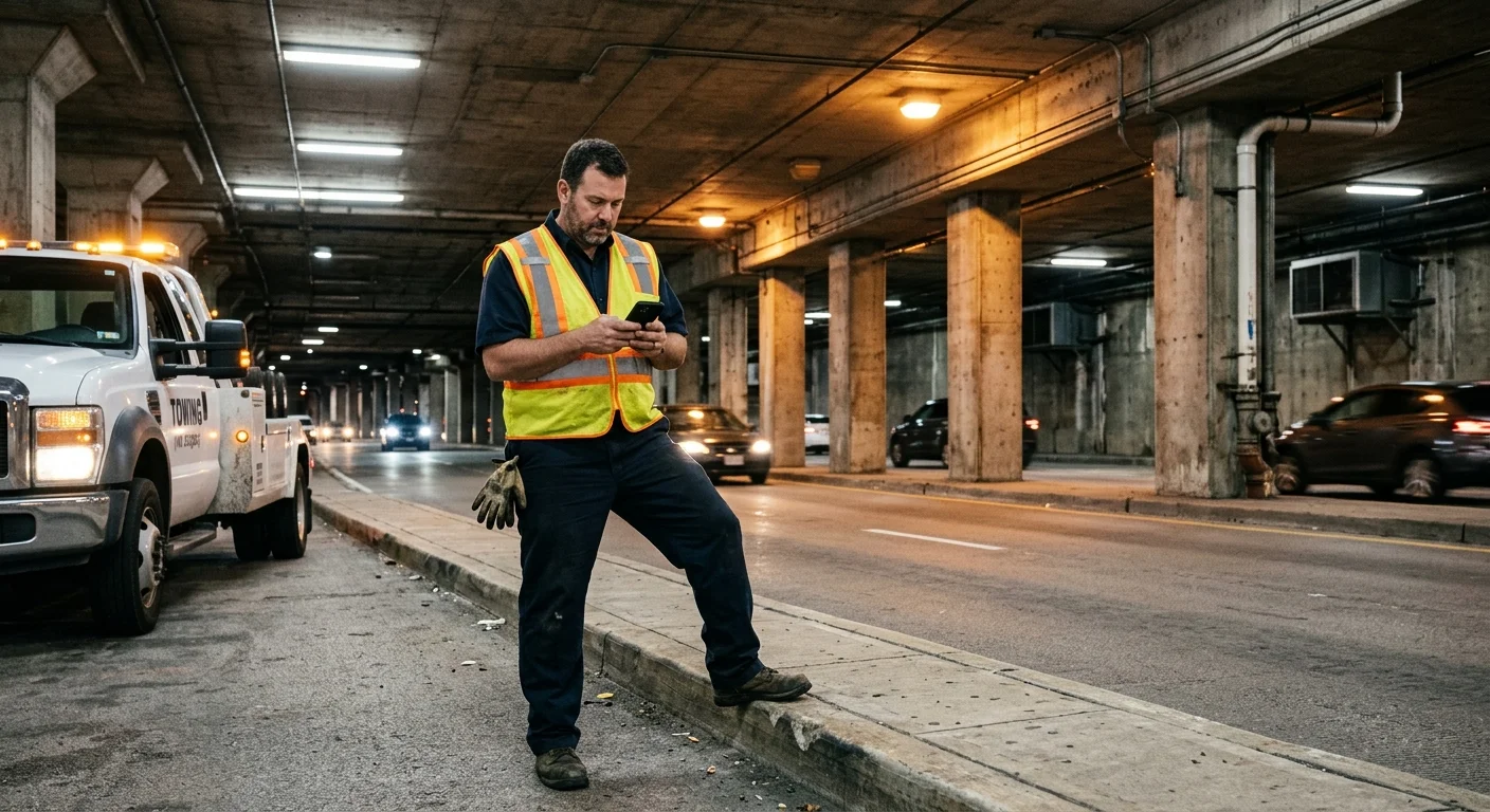 A driver checks a phone beside an empty curb on Lower Wacker Drive