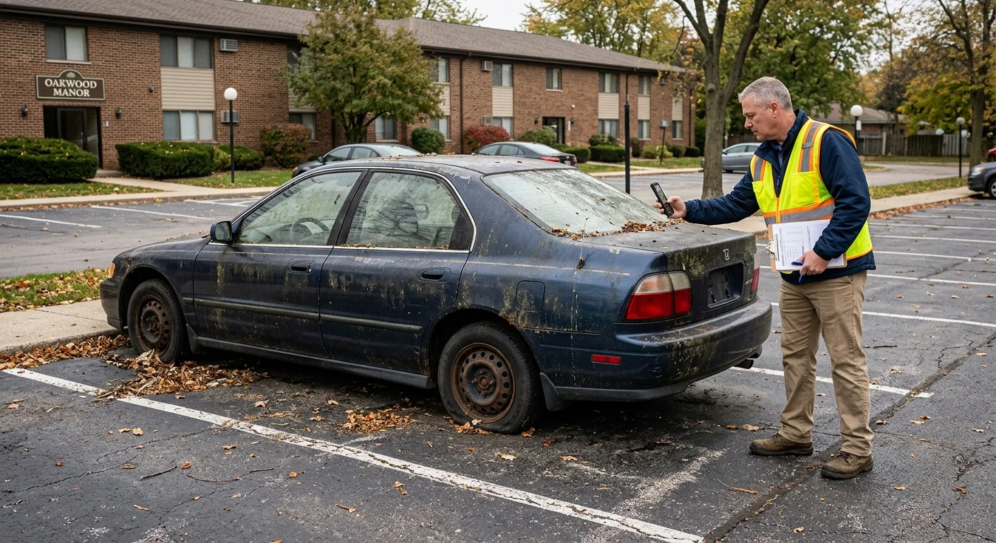An older unmoved car in a suburban Illinois apartment parking lot