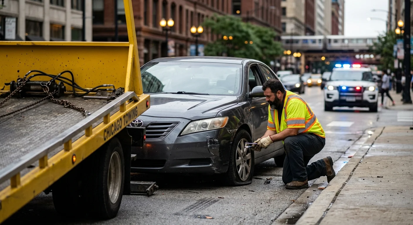 A damaged sedan beside a flatbed after a minor Chicago street collision