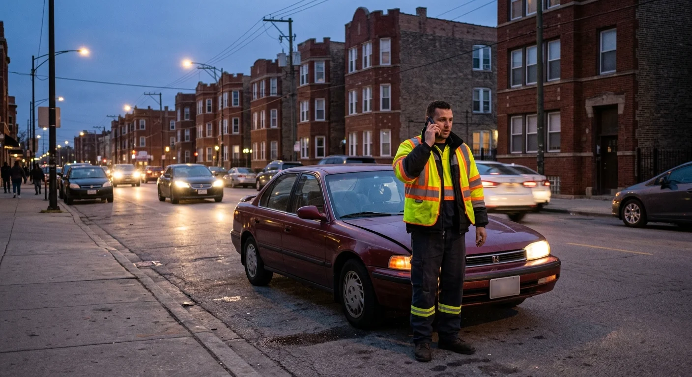 Conductor al teléfono junto a un sedán detenido en una calle del Southwest Side de Chicago