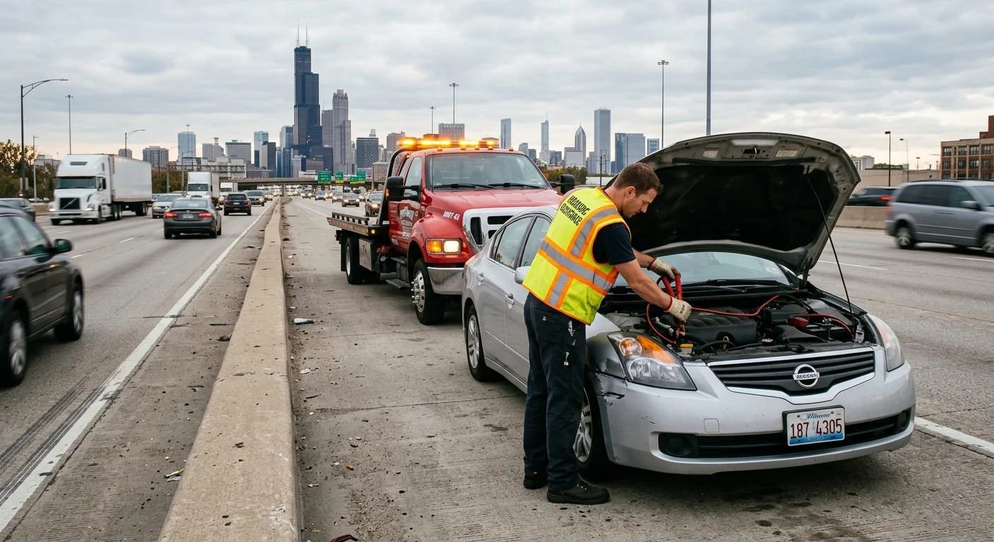 Tow operator jump-starting a sedan on a Chicago expressway shoulder
