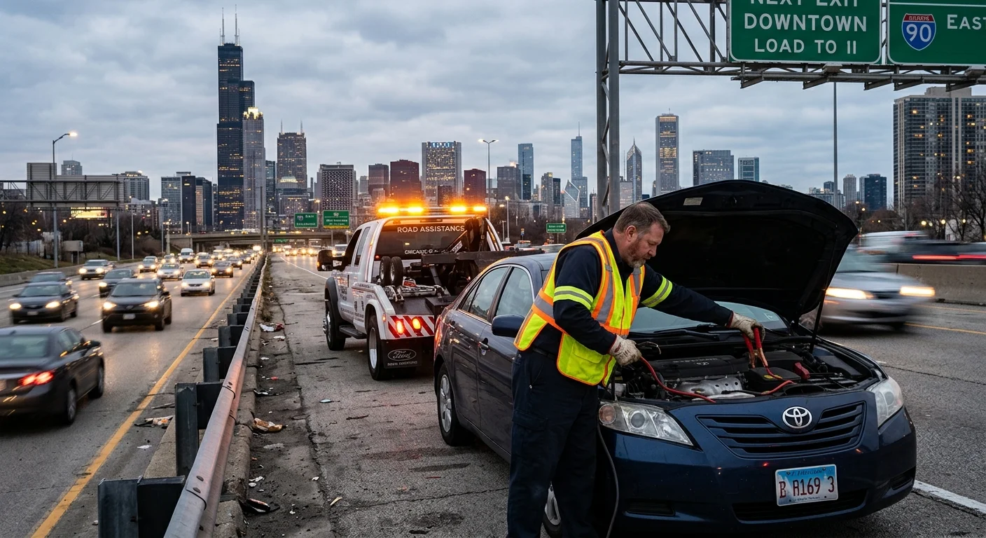 Tow operator assisting a disabled sedan on a Chicago expressway shoulder