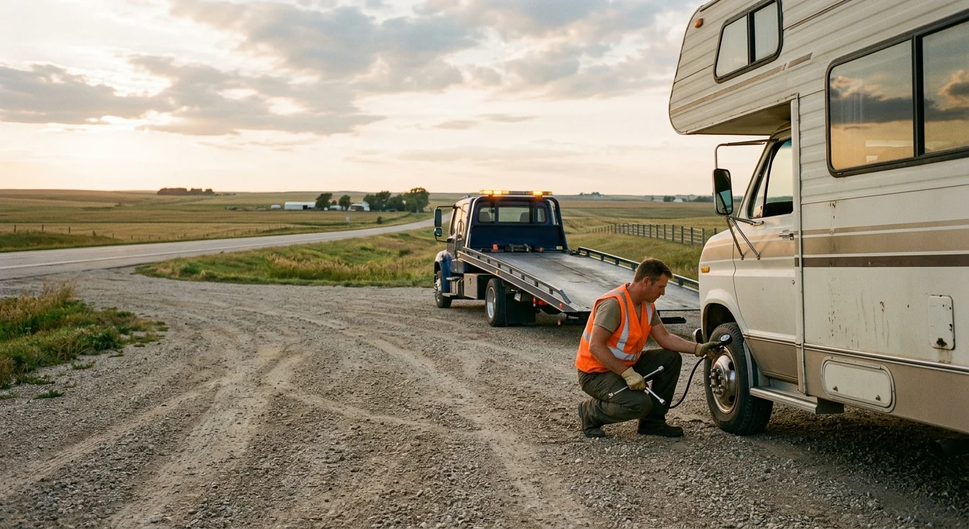Operator inspecting a disabled motorhome in a large roadside turnout