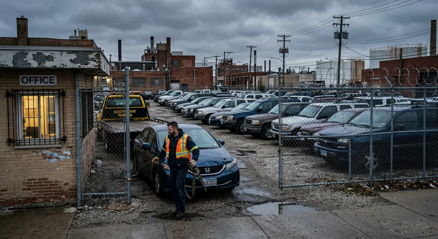 Cars behind a chain-link fence at a Chicago vehicle impound lot