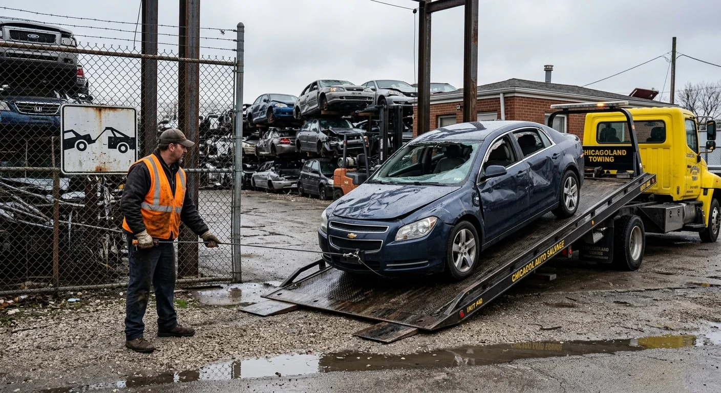 A damaged sedan being loaded onto a flatbed at a Chicago salvage yard