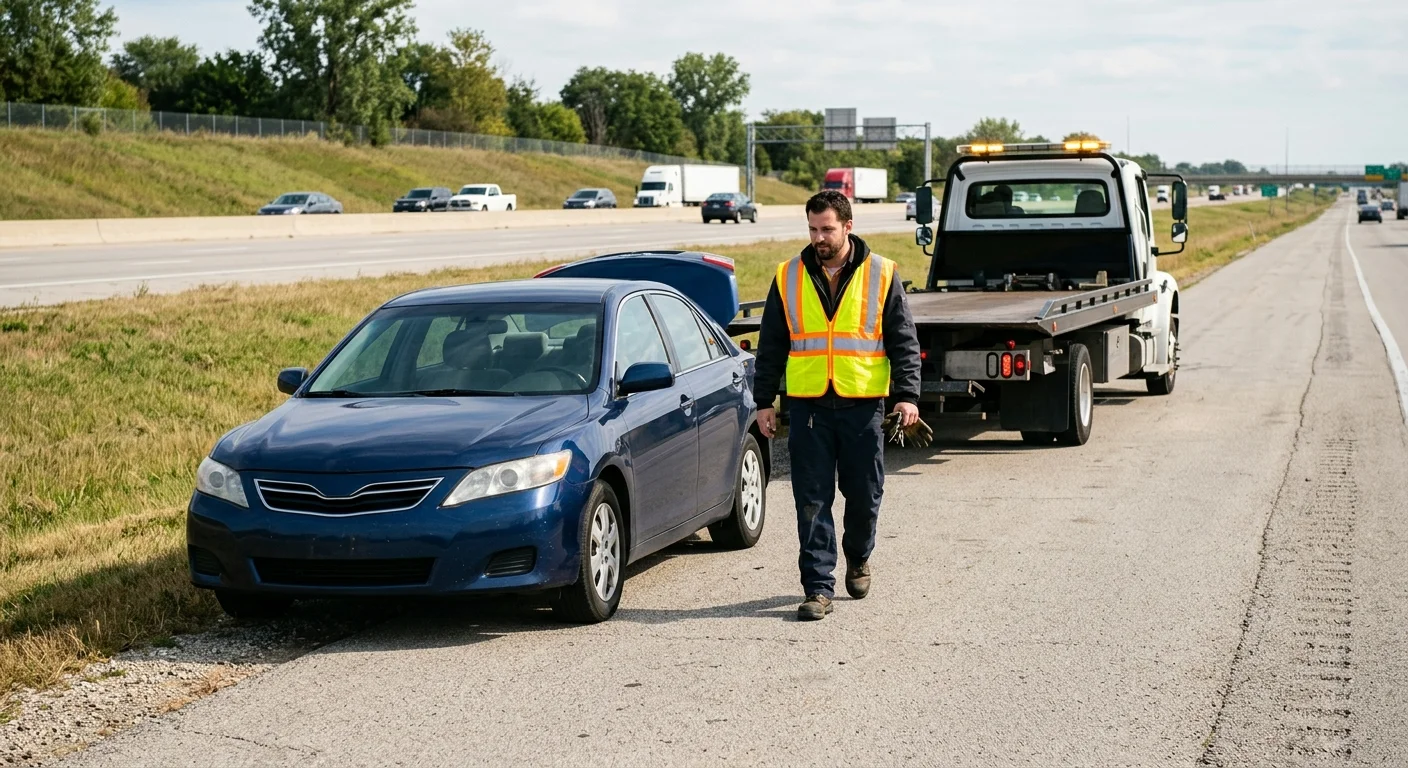 Disabled car on the I-55 shoulder in Bolingbrook as an independent operator arrives