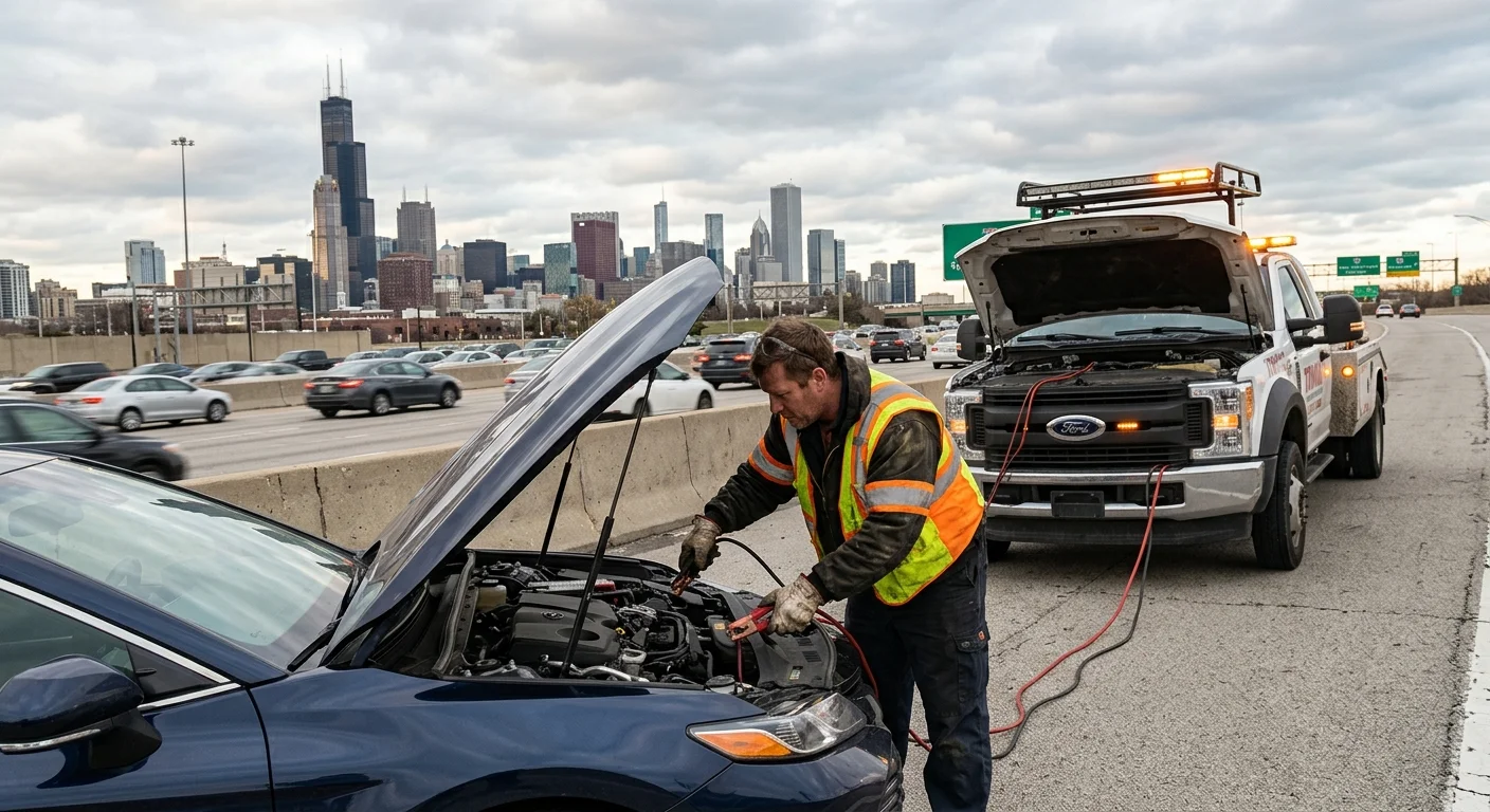 Tow operator helping with a sedan on a Chicago roadside