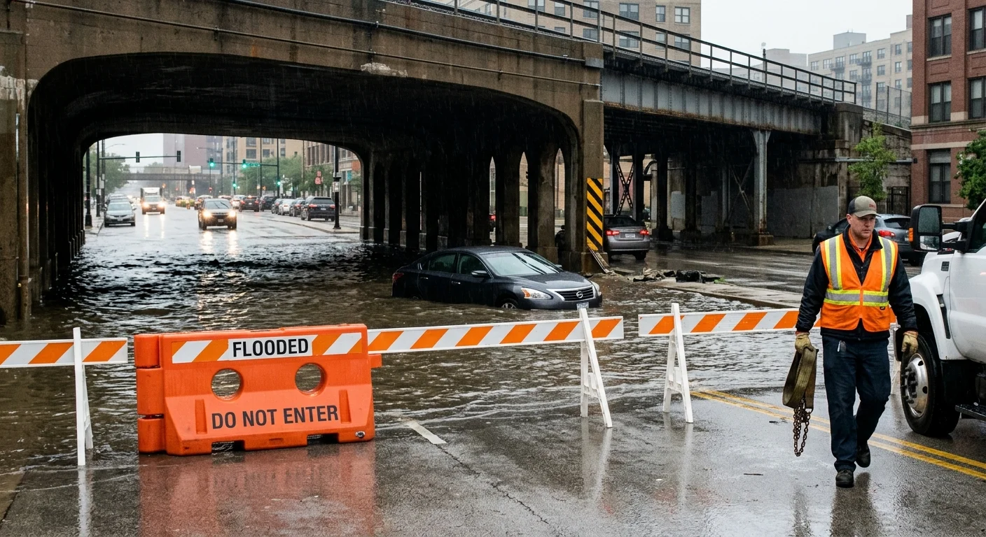 A stalled car viewed from a safe distance near a flooded Chicago viaduct