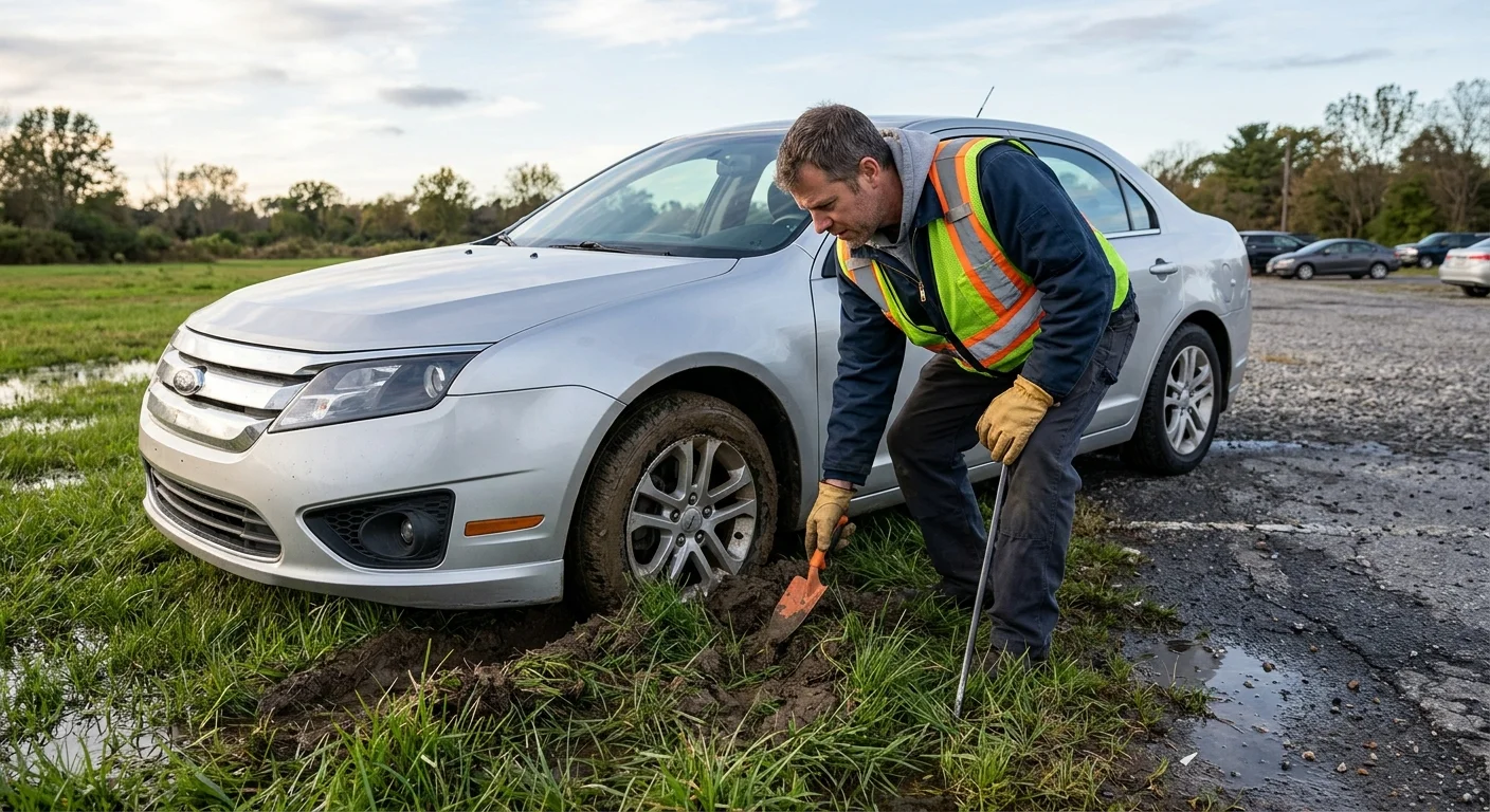 A sedan with its drive wheels stuck in wet grass beside a paved parking area