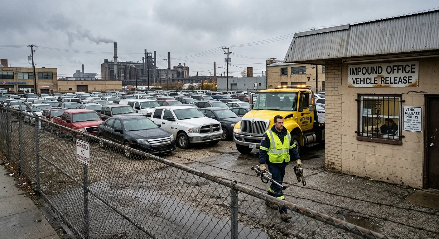 Cars behind a chain-link fence at a Chicago vehicle impound lot