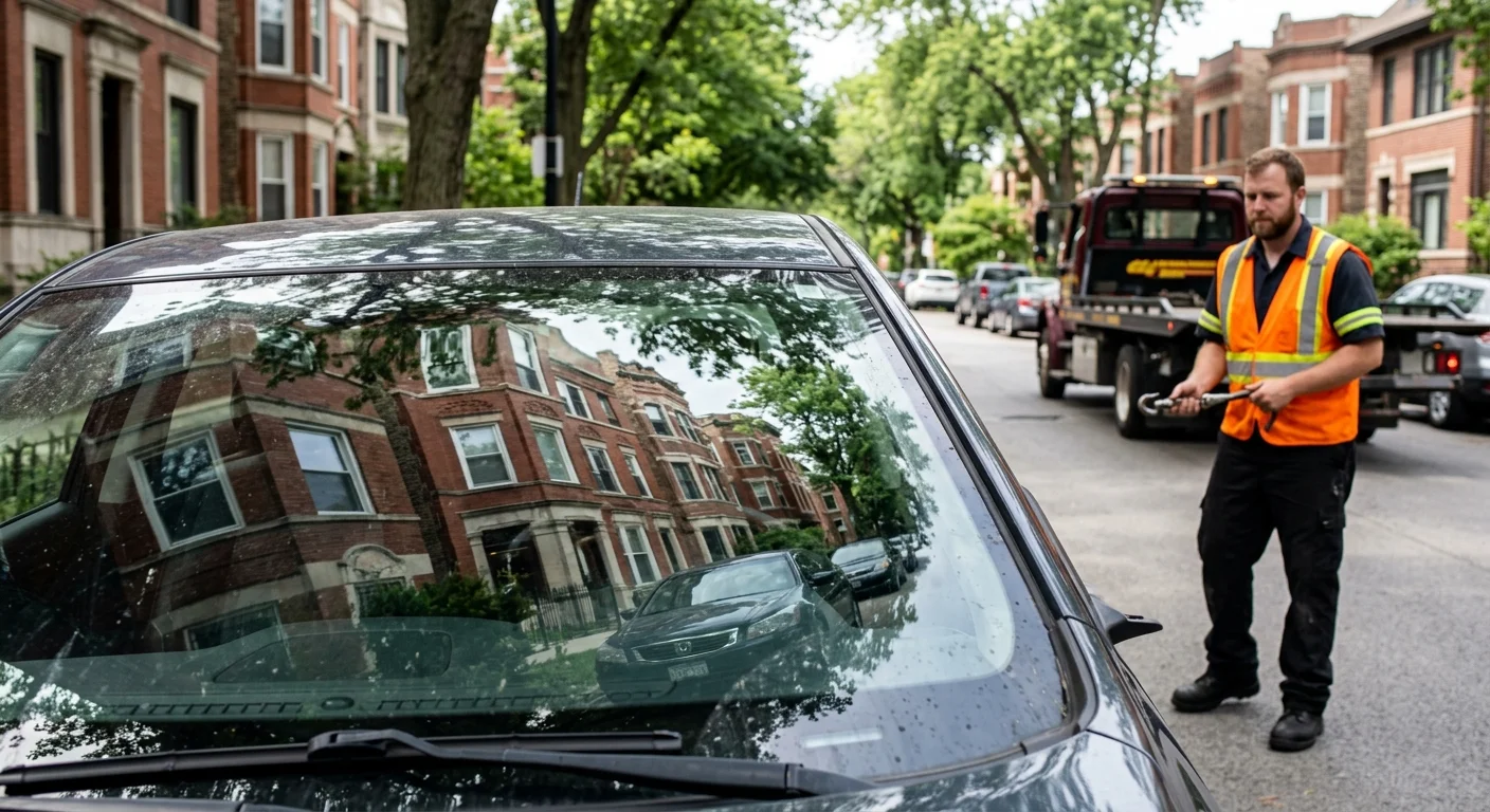 Close-up of a car windshield on a Chicago residential street