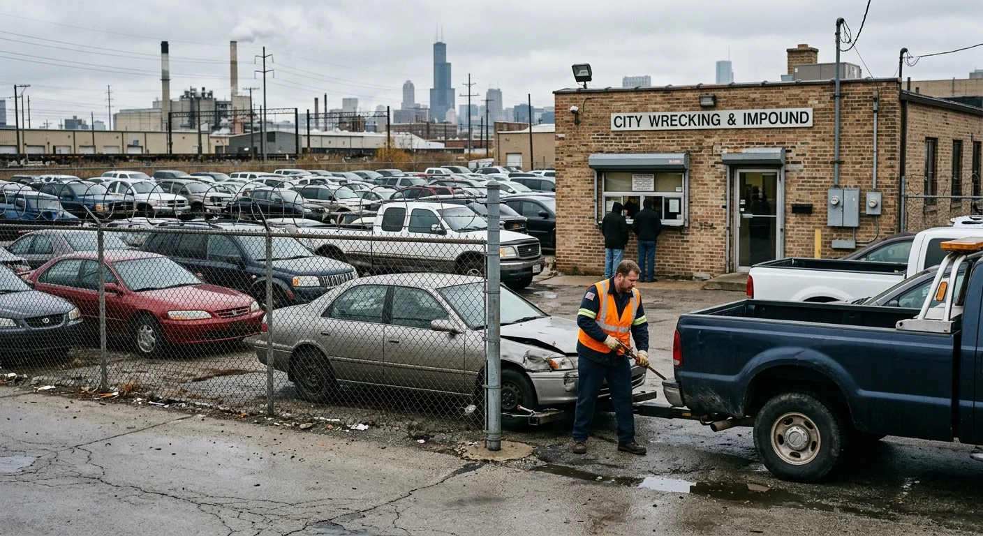 Cars behind a chain-link fence at a Chicago vehicle impound lot