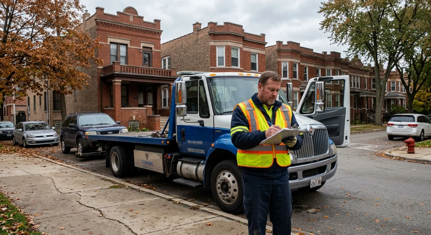 A flatbed tow truck parked on a Chicago side street lined with brick two-flats