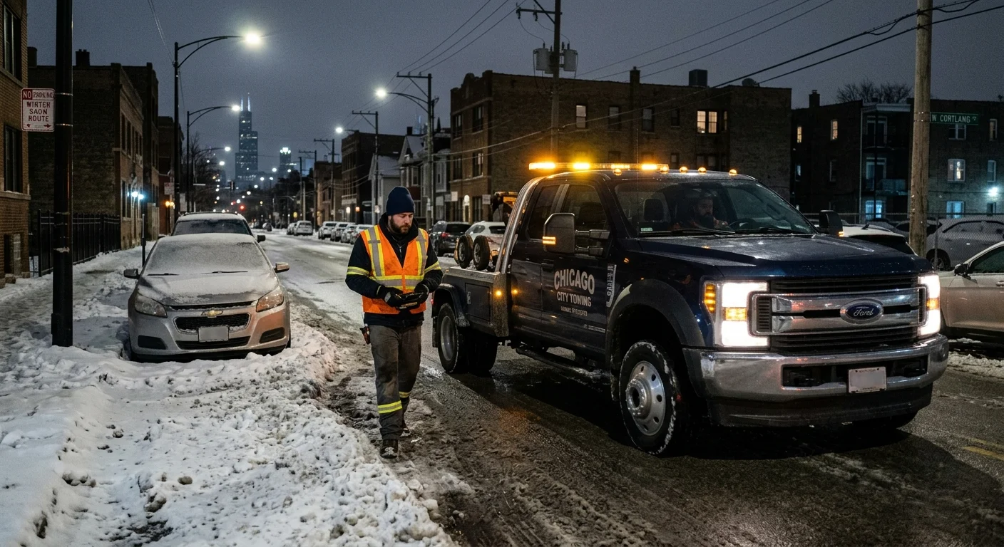 A tow truck passing parked cars on a snowy Chicago arterial before dawn