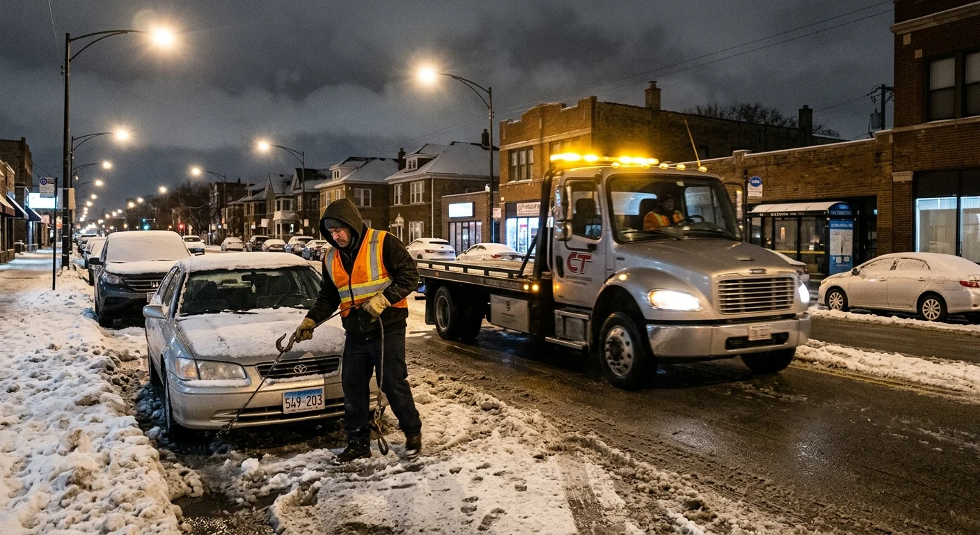 Tow truck passing parked cars on a snowy Chicago arterial before dawn