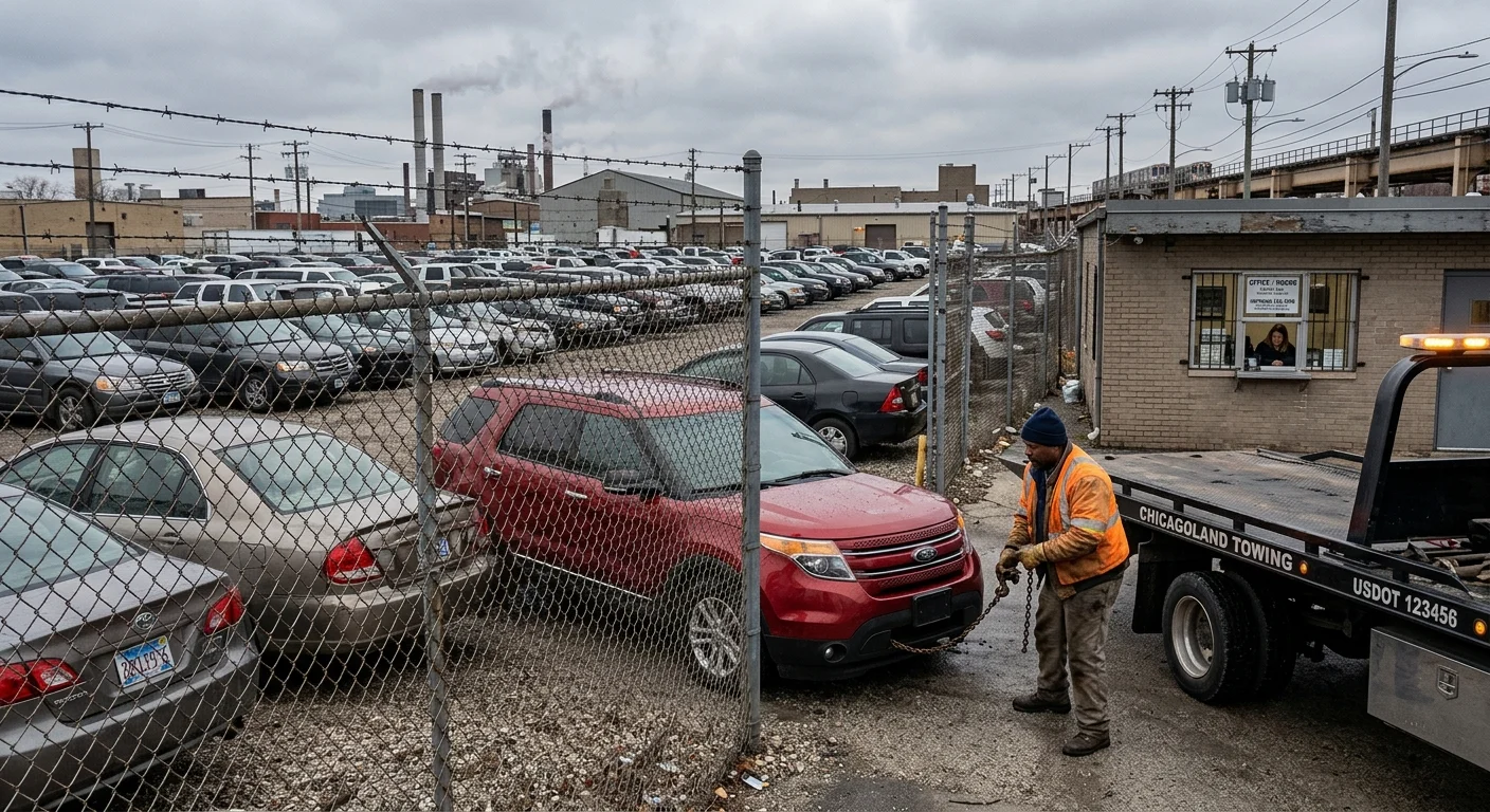 Cars behind a chain-link fence at a Chicago vehicle impound lot