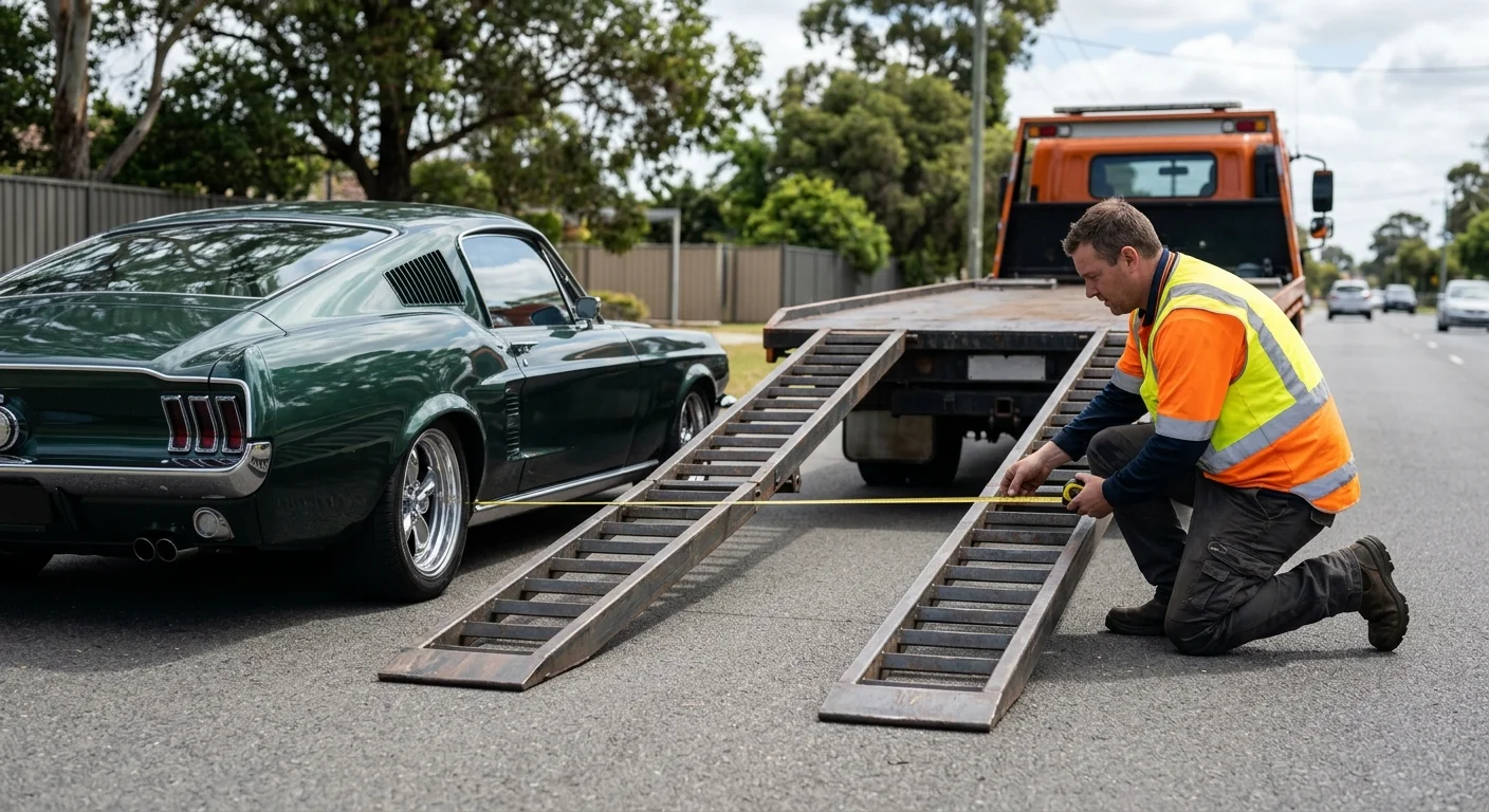 Operator inspecting the loading angle beside a restored classic coupe