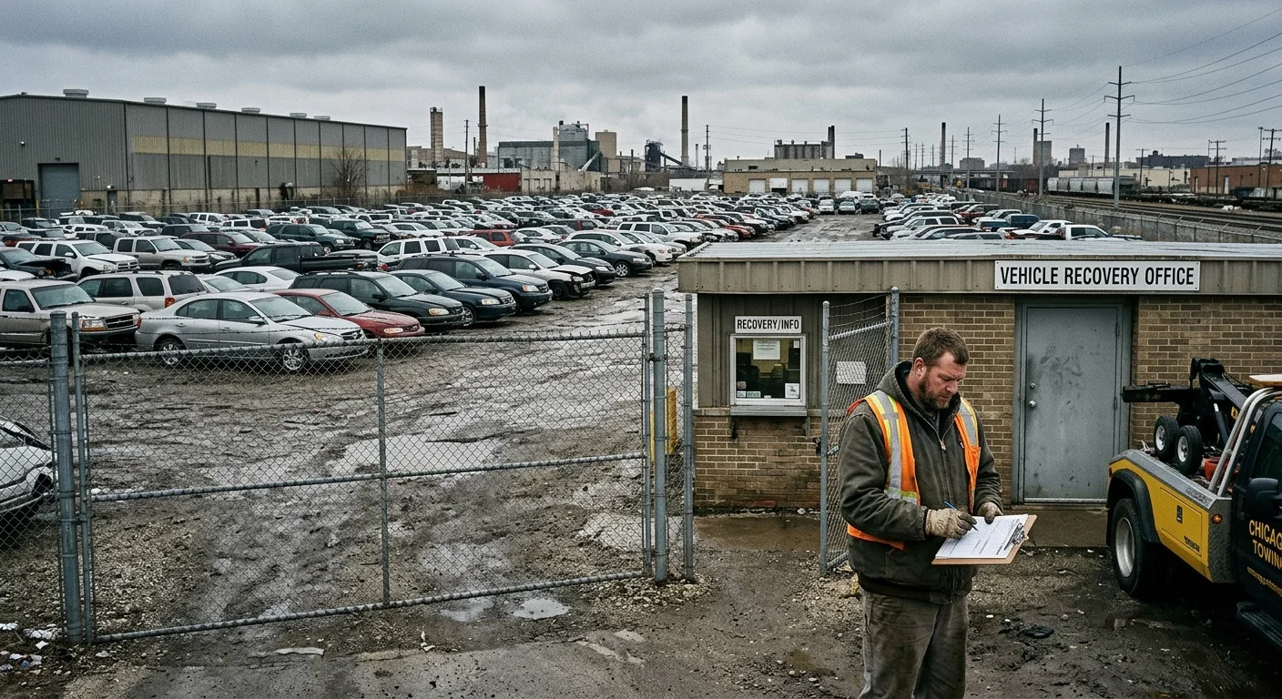 Chain-link Chicago vehicle pound with rows of parked cars and a low office building