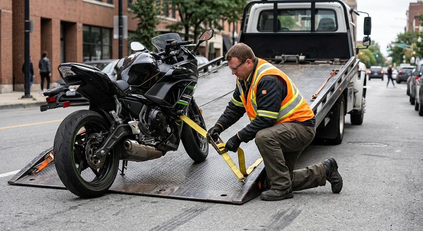 A motorcycle being loaded onto a low flatbed on a city street