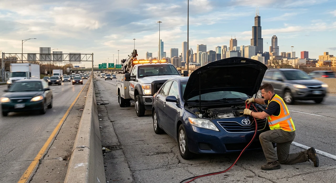 Tow operator helping a driver with a disabled sedan in Chicago