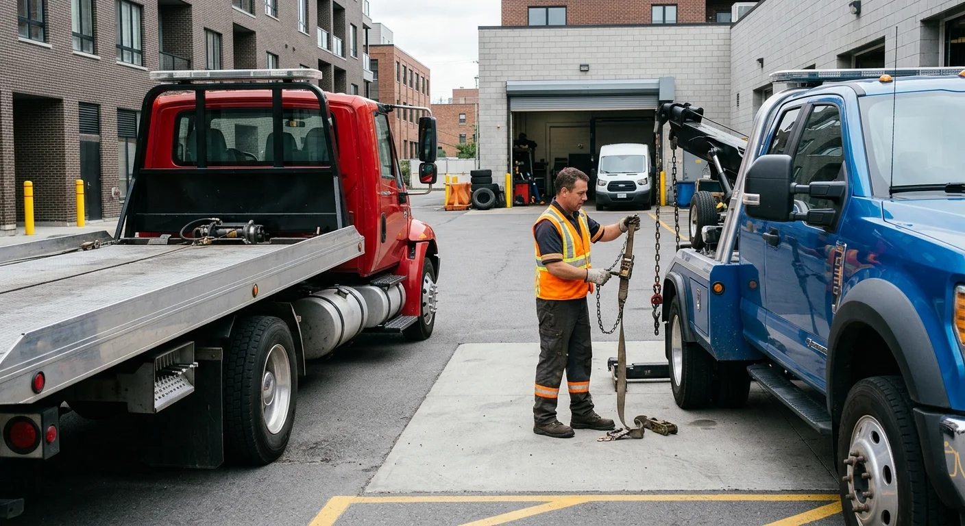 Flatbed and wheel-lift tow trucks parked side by side