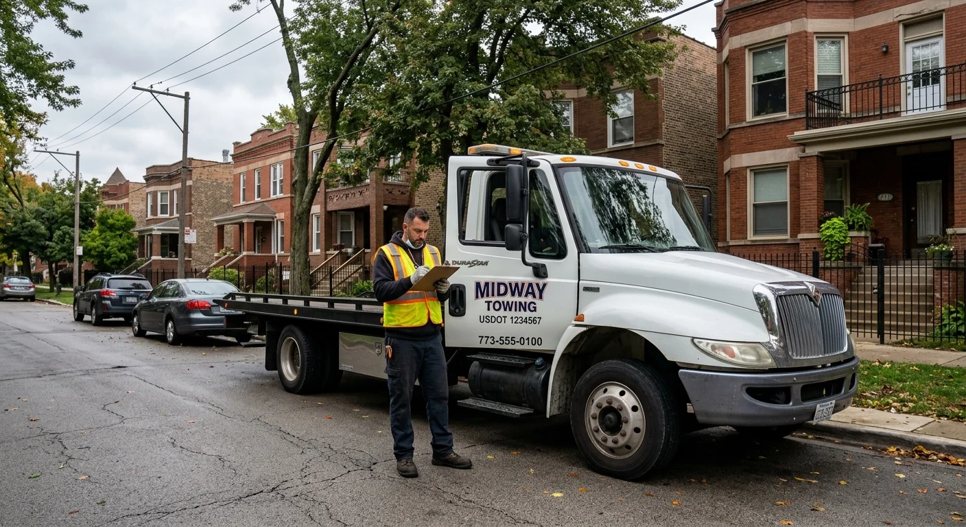 A flatbed tow truck parked on a Chicago side street lined with brick two-flats