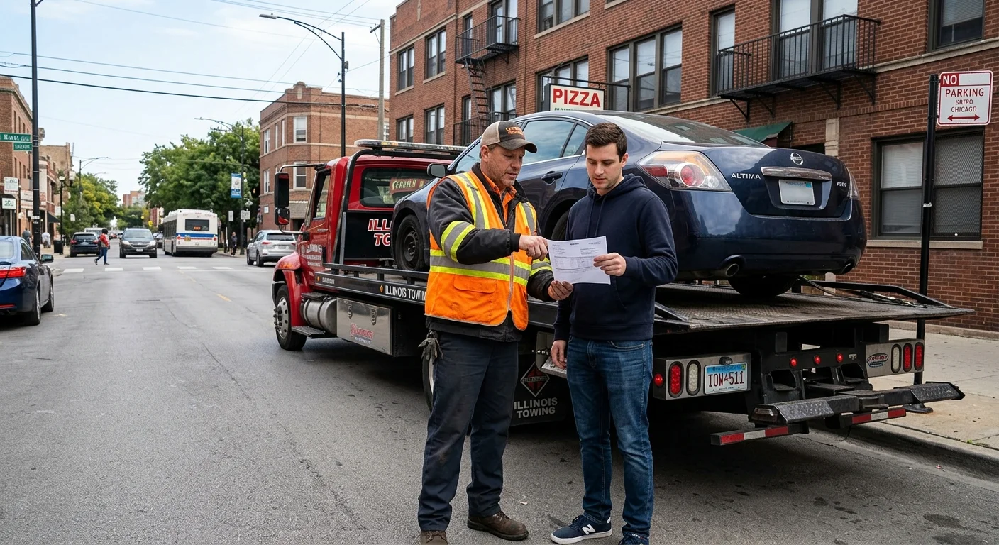 Car owner reviewing an invoice with a tow operator beside a flatbed