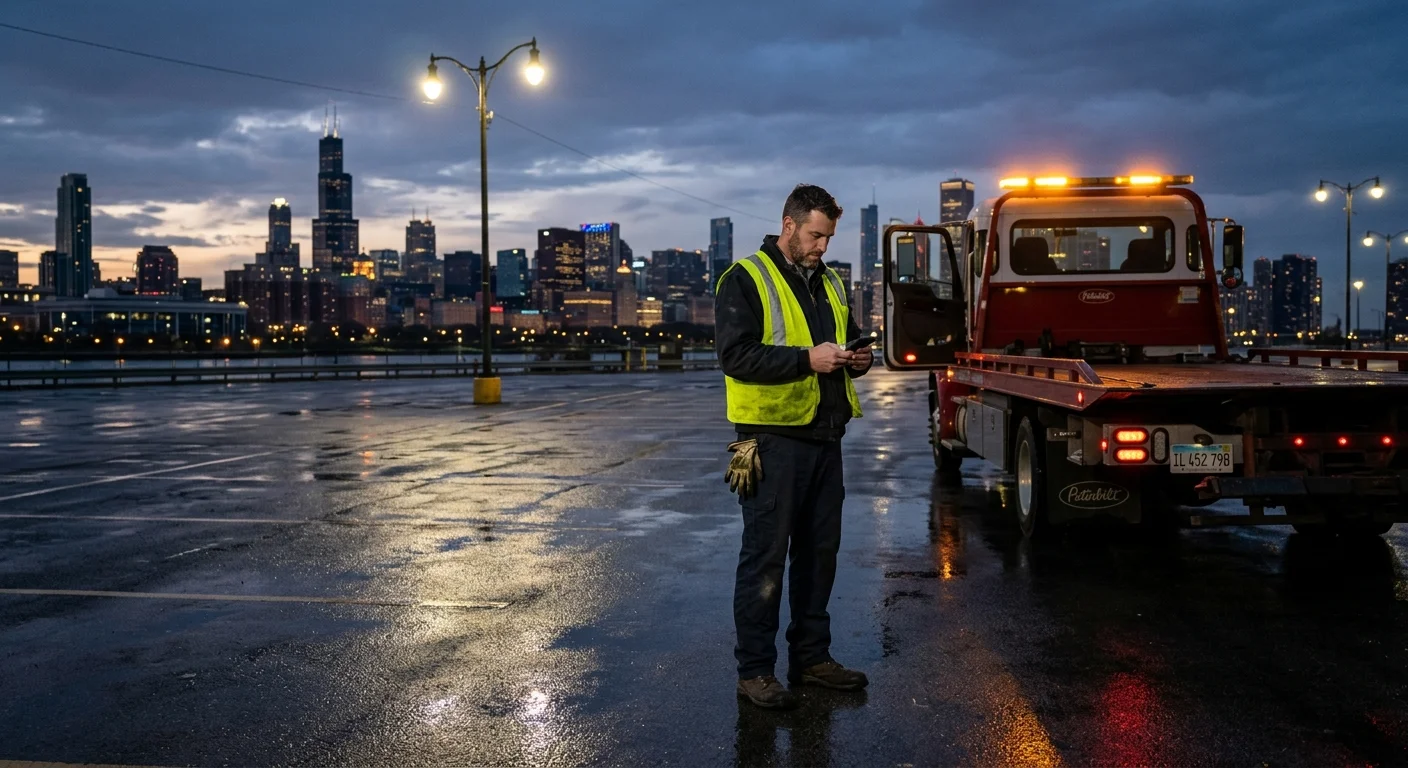 Driver checking a phone beside an empty Chicago parking space at dusk