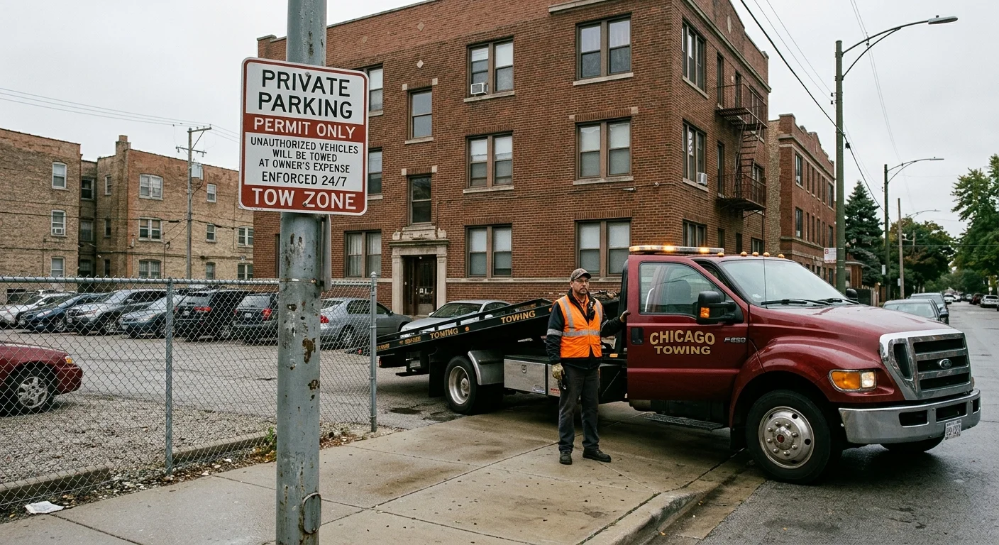 Posted private-parking sign outside a small Chicago apartment lot