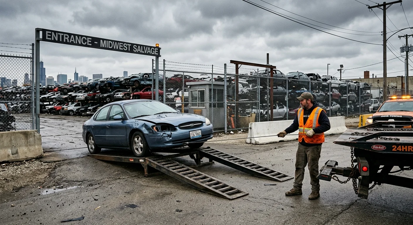 Damaged sedan loaded onto a flatbed at a Chicago salvage yard