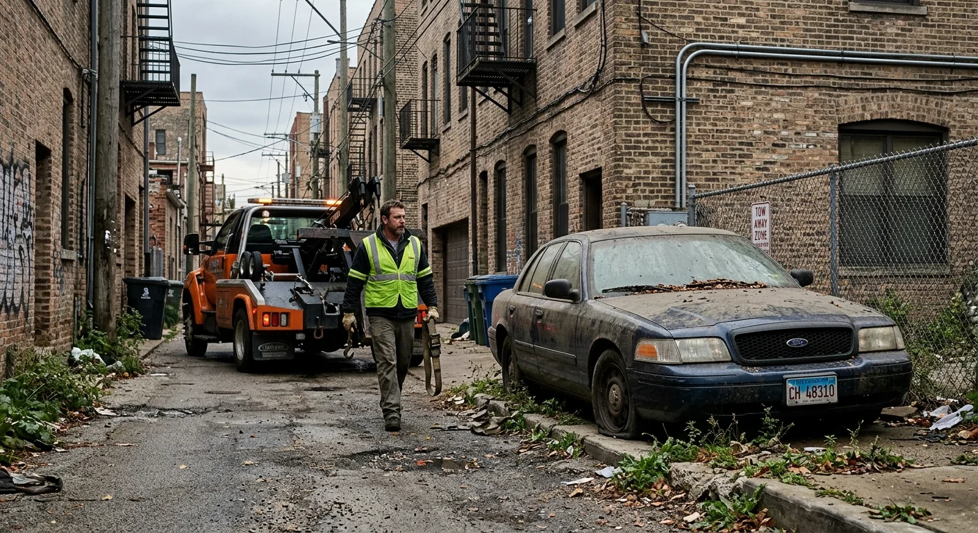 Dusty long-parked car with a flat tire in a Chicago alley