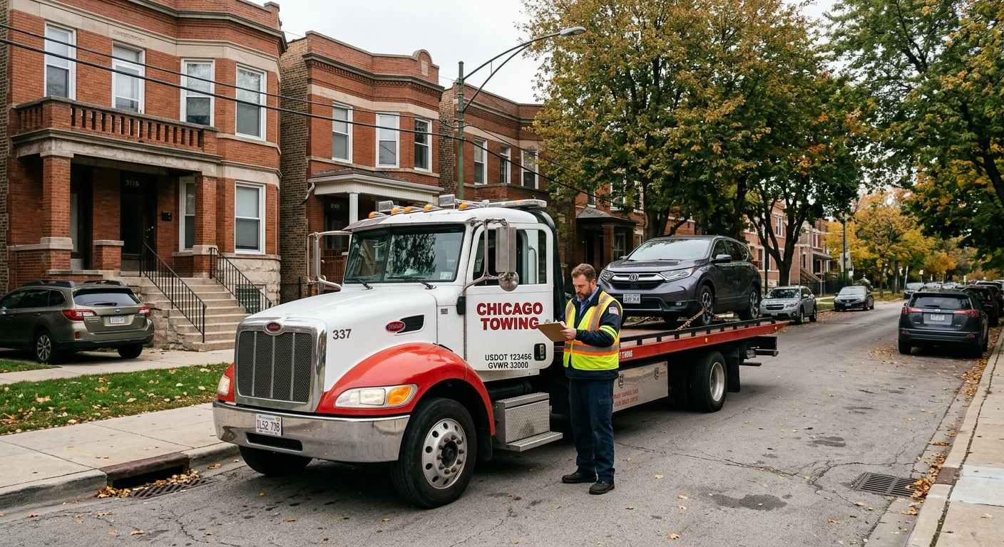 Tow operator checking paperwork beside a flatbed on a Chicago residential street
