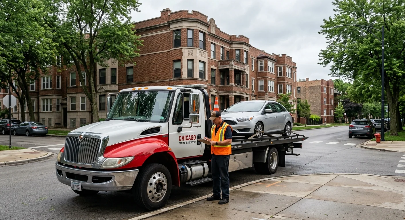 Flatbed tow truck on a Chicago side street with brick two-flats