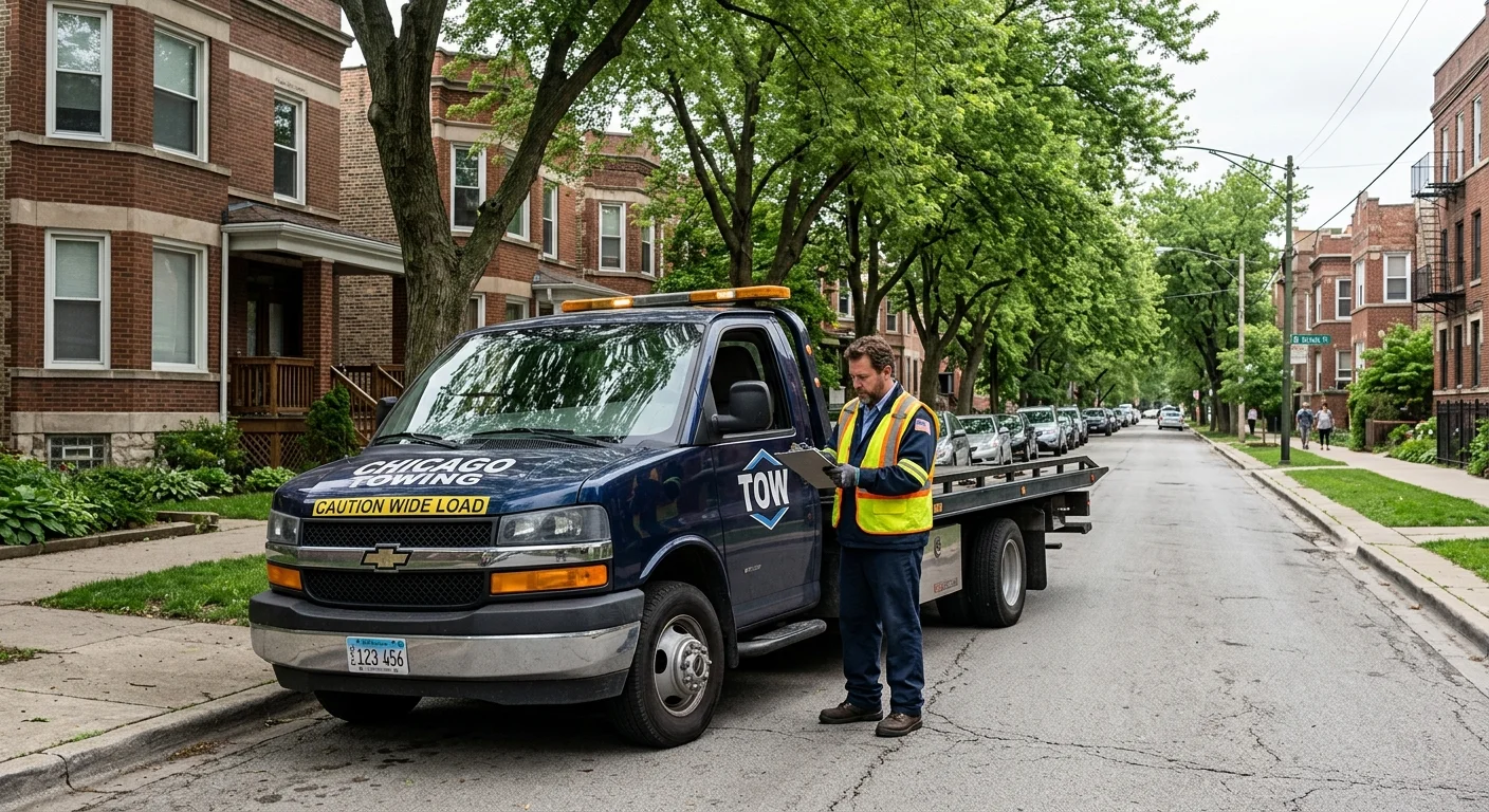 A flatbed tow truck on a Chicago residential street