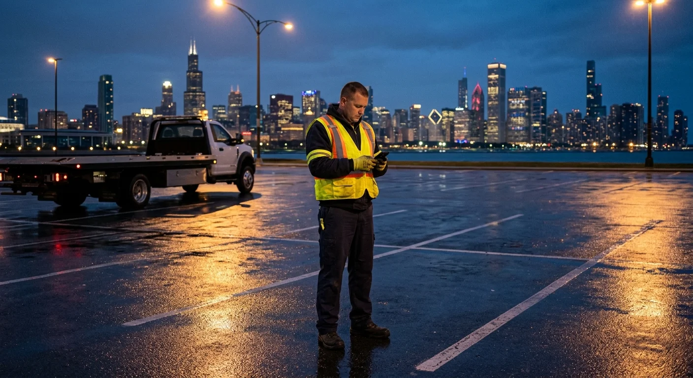 Driver checking a phone beside an empty Chicago parking space at dusk