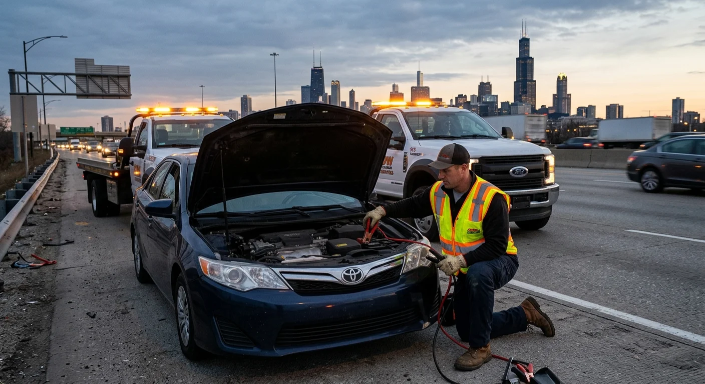 Tow operator jump-starting a sedan beside a Chicago expressway
