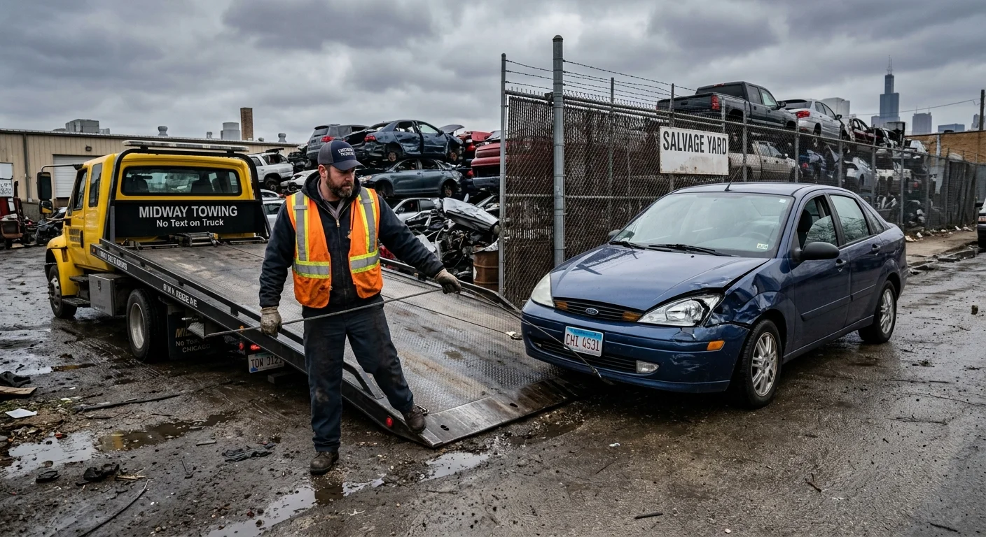 A damaged sedan being loaded onto a flatbed at a Chicago salvage yard