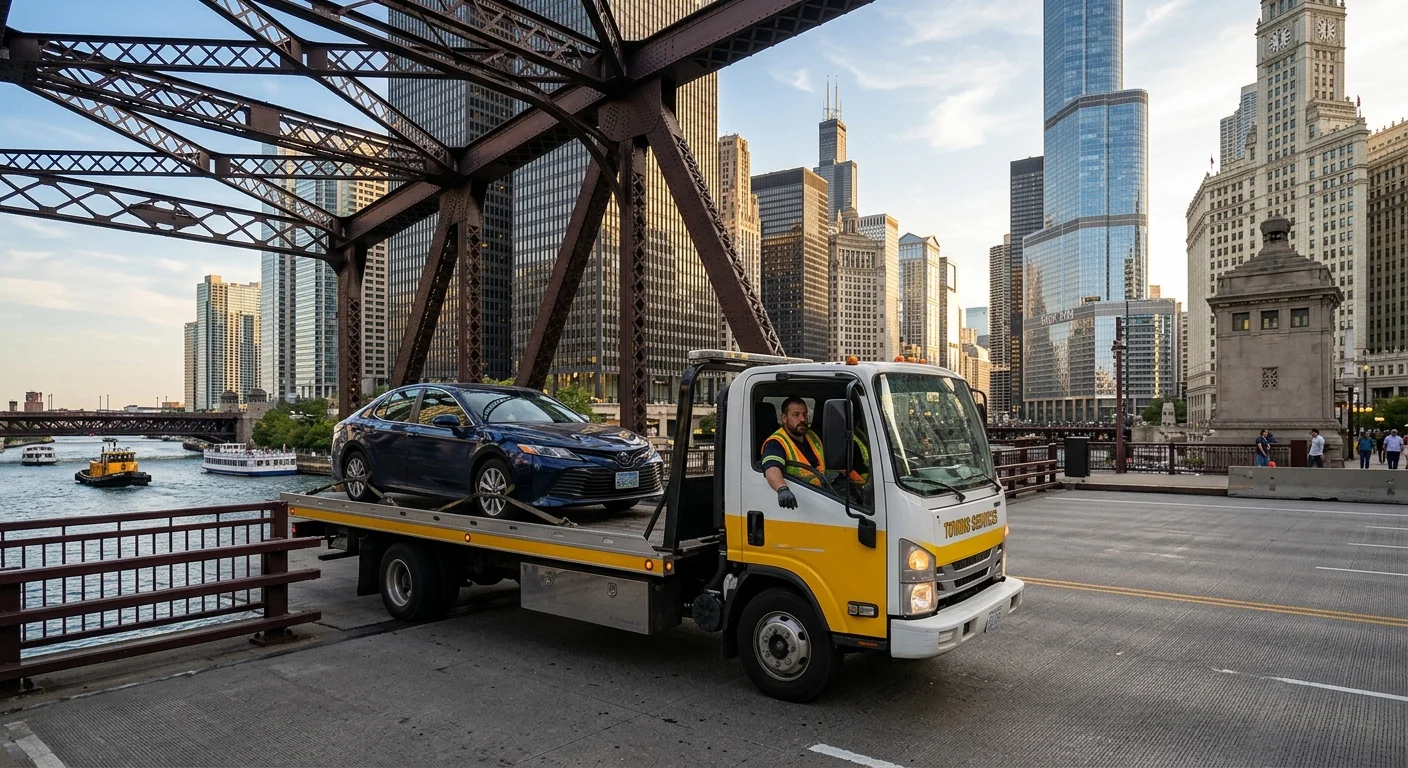 A flatbed carrying a sedan across a Chicago bridge