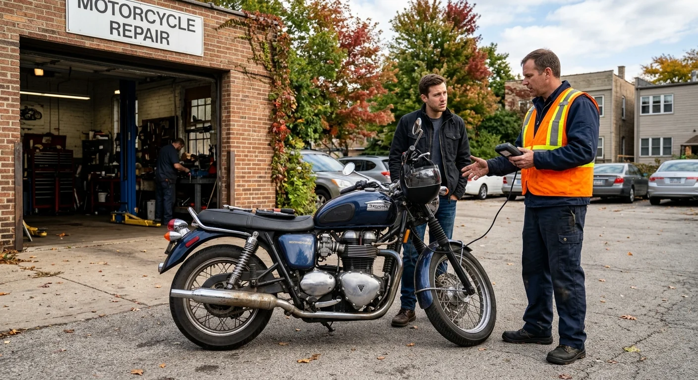 A motorcycle that will not start outside a Chicago-area garage
