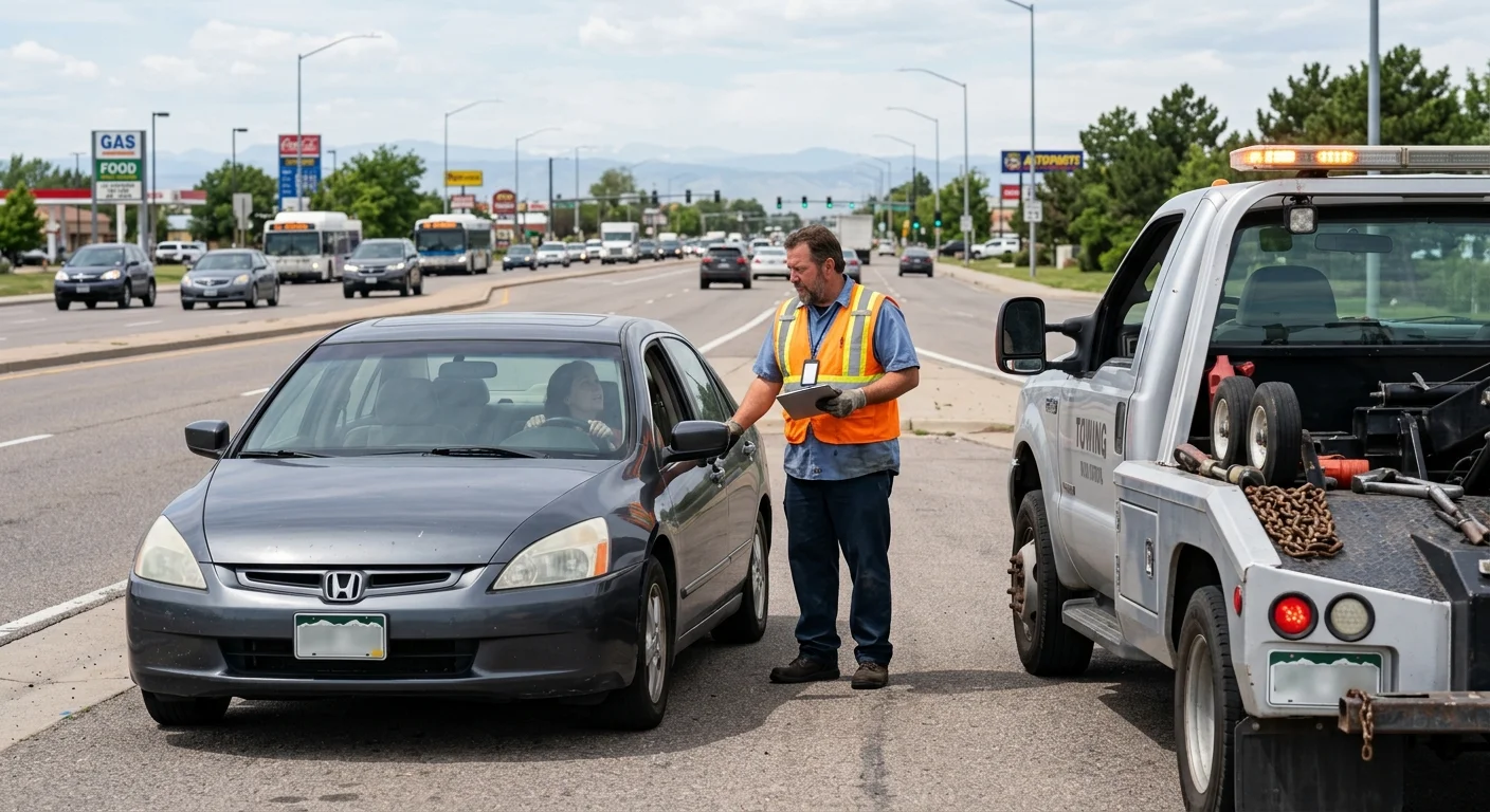 Disabled sedan on an Aurora arterial with an independent tow operator and the driver