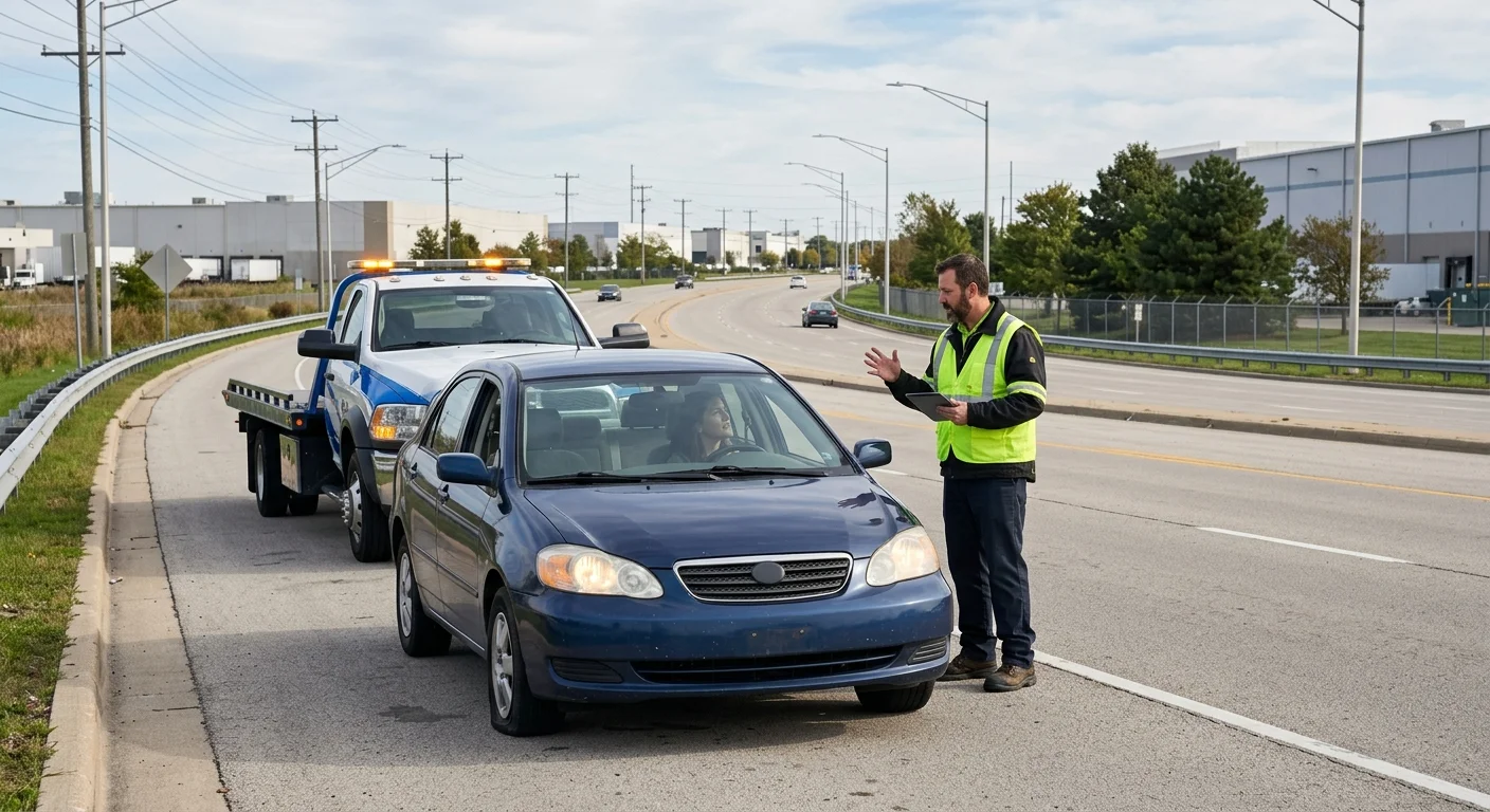 Disabled passenger car on an Elk Grove Village industrial-edge road with warehouses behind