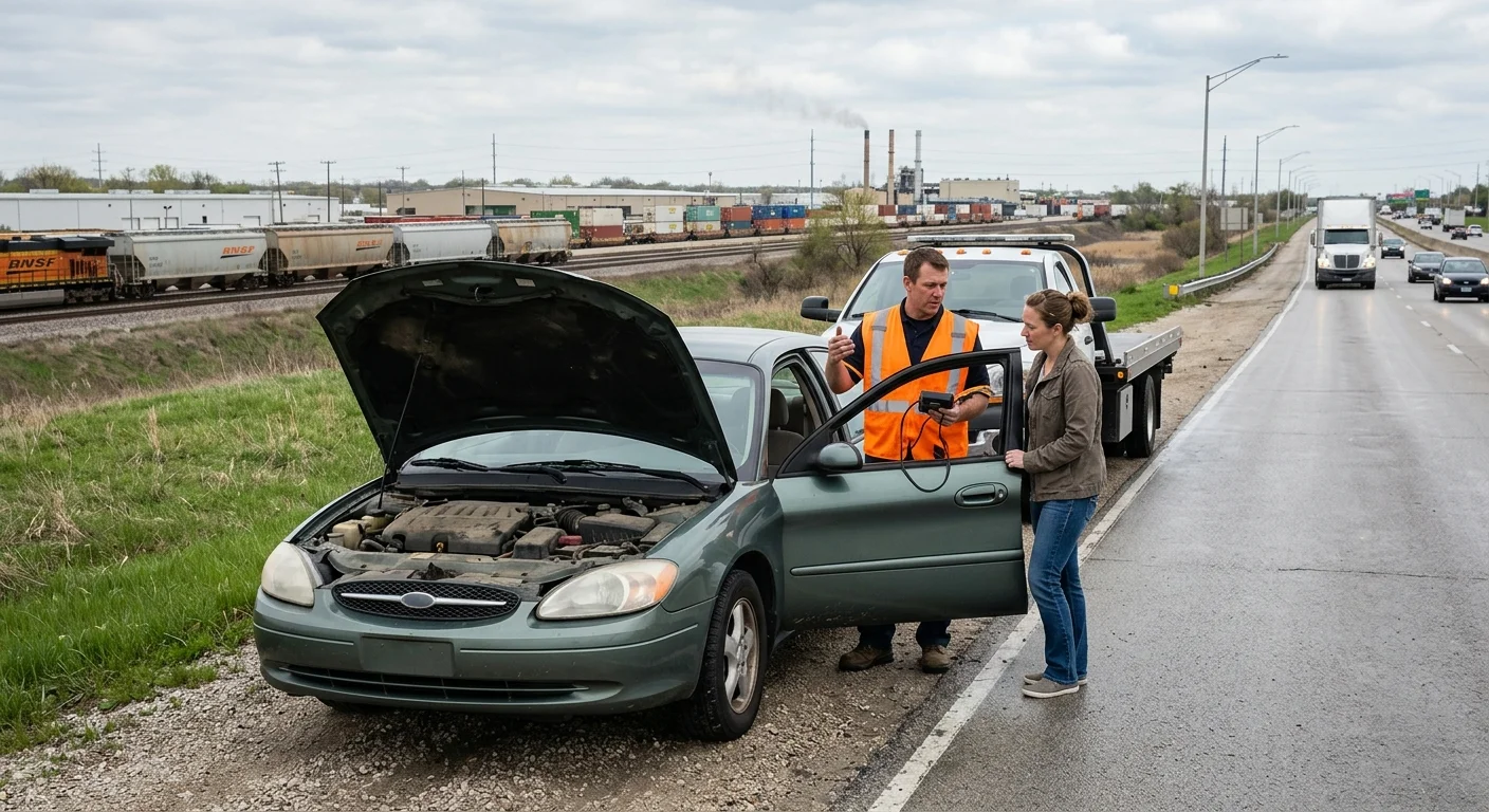 Disabled passenger car on a Joliet arterial with freight yards in the distance