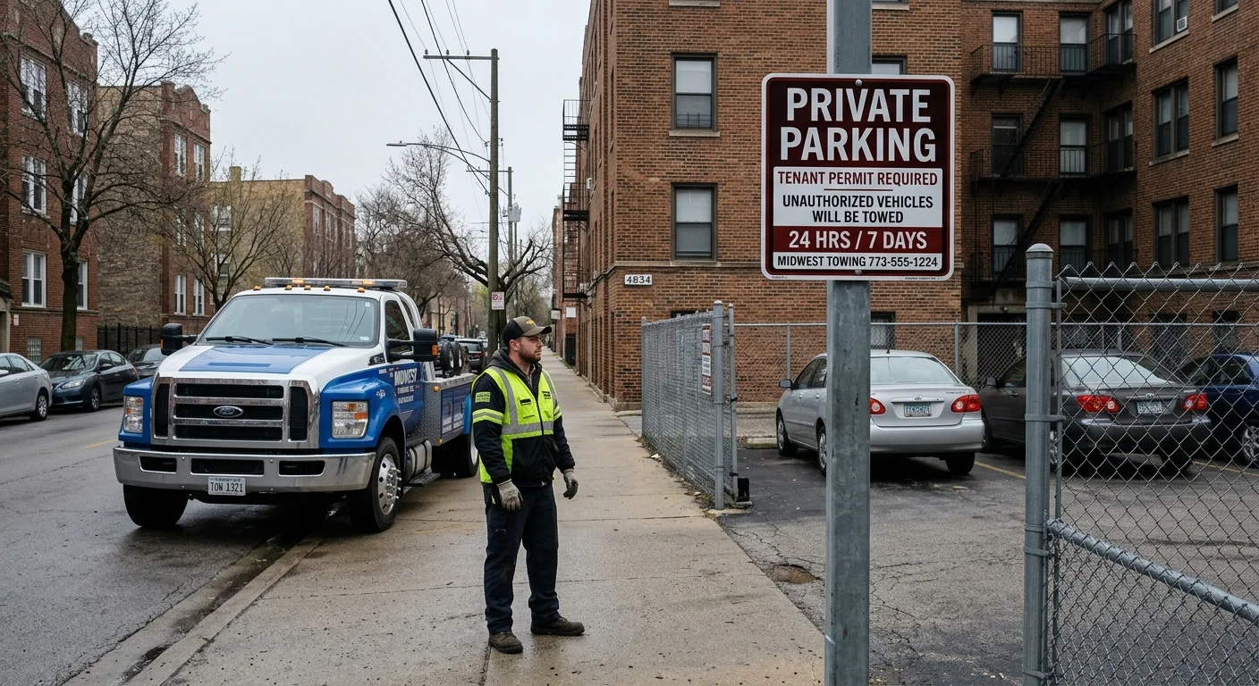 Private-parking sign outside a small Chicago apartment building lot
