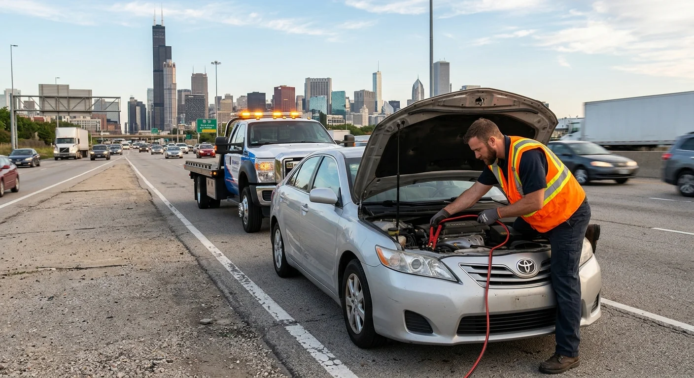 Tow operator jump-starting a sedan beside a Chicago expressway