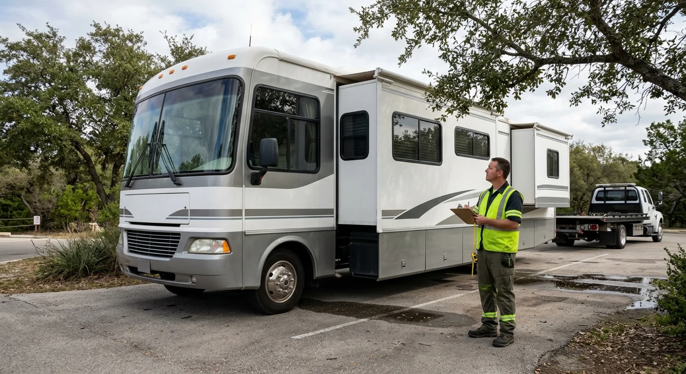 Stationary RV with an extended slide-out as an independent operator checks clearance
