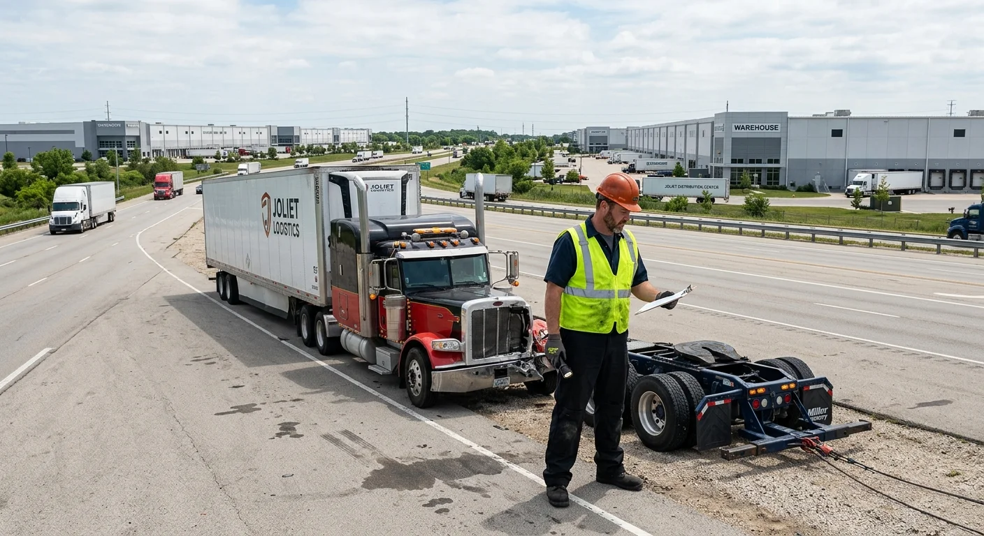 A disabled semi tractor and trailer on a broad industrial road near Joliet
