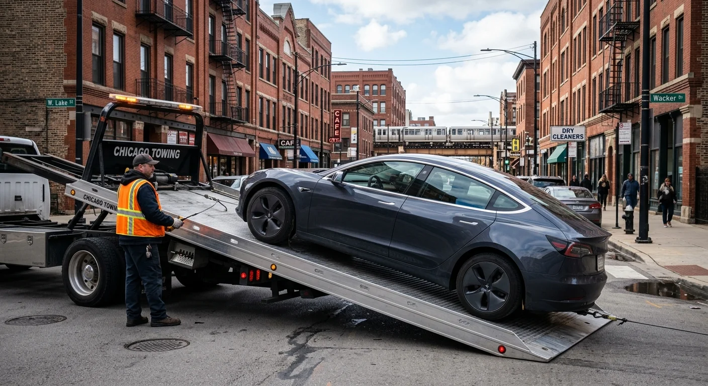 Tesla on a flatbed tow truck on a Chicago street