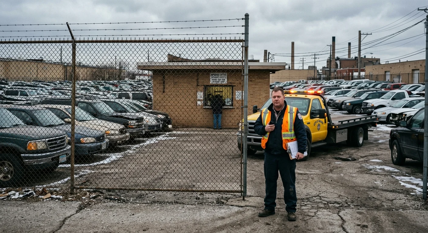 Cars behind a chain-link fence at a Chicago vehicle impound lot